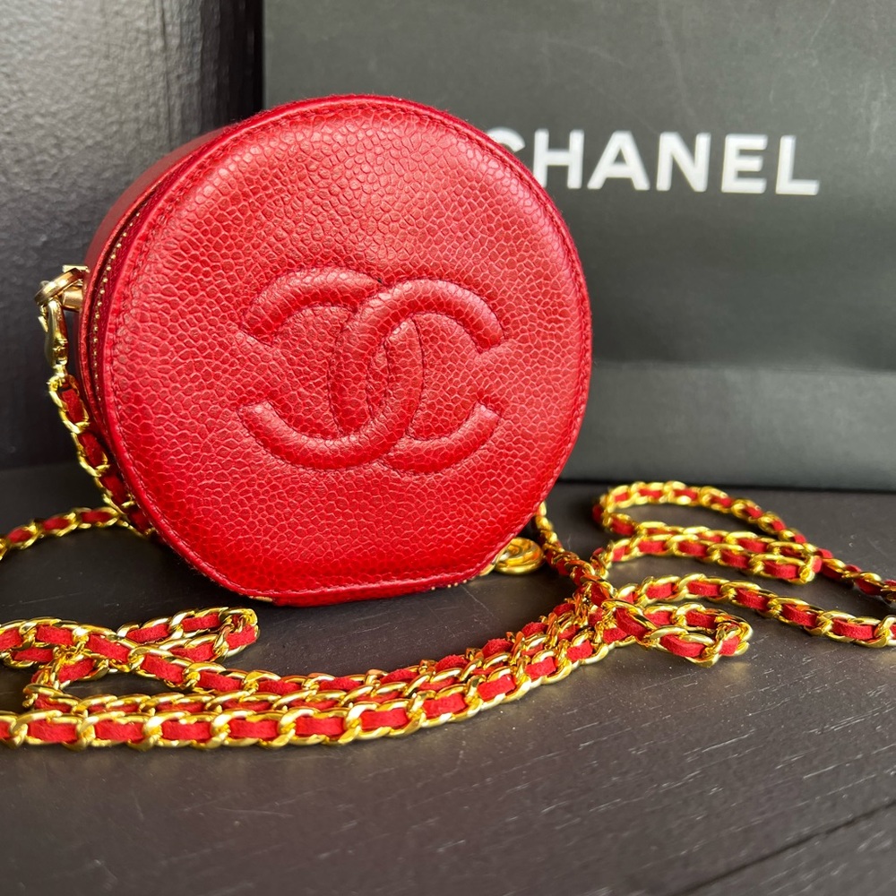 Chanel Red Round  Caviar Leather Crossbody Bag